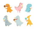 Funny dinosaurs eating ice cream set. Cute colorful prehistoric animals. Childish print, book, sticker design cartoon Royalty Free Stock Photo