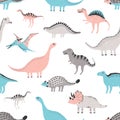 Funny dinosaurs seamless pattern. Cute childish dino background. Colorful hand drawn texture.