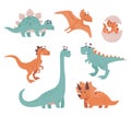 Funny dinosaurs. Stegosaurus, triceratops, brachiosaurus, brontosaurus, velociraptor, pteranodon, tyrannosaurus rex, egg