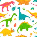 Funny dinosaurs and tropical plants, childrens colorful print for fabric, postcards. Vector seamless pattern Royalty Free Stock Photo