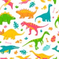 Funny dinosaurs and tropical plants, childrens colorful print for fabric, postcards. Vector seamless pattern Royalty Free Stock Photo