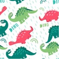 Funny dinosaurs walking in a clearing. Children`s fashion, print for fabrics, cards and books, for comics. Seamless patterns of co