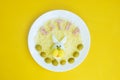 Funny dish for Kids made of eggs. Rabbit made of food. Easter. Breakfast time. Creative dish. Yellow