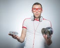 Funny dj over gray background Royalty Free Stock Photo