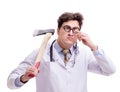 Funny doctor with axe isolated on white Royalty Free Stock Photo