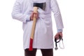 The funny doctor with axe isolated on white Royalty Free Stock Photo