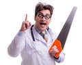 Funny doctor with saw isolated on white Royalty Free Stock Photo