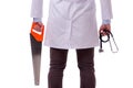 The funny doctor with saw isolated on white Royalty Free Stock Photo