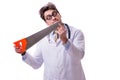 The funny doctor with saw isolated on white Royalty Free Stock Photo