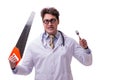 The funny doctor with saw isolated on white Royalty Free Stock Photo
