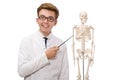 The funny doctor with skeleton isolated on white Royalty Free Stock Photo