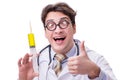 The funny doctor with syringe isolated on white Royalty Free Stock Photo