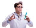 Funny doctor with syringe isolated on white Royalty Free Stock Photo