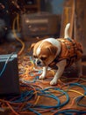 Funny Dog Acting As Network Technician Fixing Internet Connection At Home Office Workspace Royalty Free Stock Photo