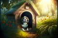 Funny dog beagle in wooden doghouse in garden