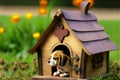 Funny dog beagle in wooden doghouse in garden