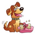 Funny dog with bone isolated on white background. Greeting card. Birthday. Valentine`s day. For kids