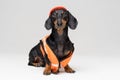 Funny dog builder dachshund in an orange construction helmet and a vest, isolated on gray background