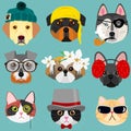 Dog and cat face set in hipster fashion Royalty Free Stock Photo