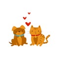 Funny dog and cat in love, cute domestic pet animals cartoon characters, best friends vector Illustration on a white Royalty Free Stock Photo