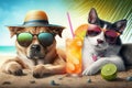 Funny dog and cat on sea beach, pets relax with cocktail on vacation, generative AI Royalty Free Stock Photo