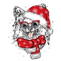 Funny Dog in Christmas hat. Vector illustration.