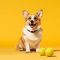 funny dog corgi with tennis balls on a yellow background.