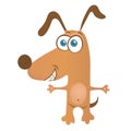 Funny dog, flat cartoon character, painted cute animal, colorful drawing. Comical brown puppy open arms for hugs isolated on white