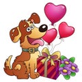 Funny dog with gift and flowers isolated on white background. Greeting card. Birthday. Valentine`s day. For kids