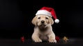 funny dog in a hat of Santa Claus. Cute sitting puppy dog in a Christmas, Santa hat. ai generative