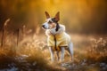 Funny dog Jack Russell Terrier sitting in the leaves in the park on a fall day. Neural network AI generated