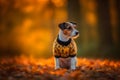 Funny dog Jack Russell Terrier sitting in the leaves in the park on a fall day. Neural network AI generated