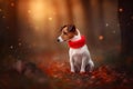 Funny dog Jack Russell Terrier sitting in the leaves in the park on a fall day. Neural network AI generated