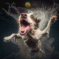 Funny Dog jumps into water to catch ball underwater Royalty Free Stock Photo