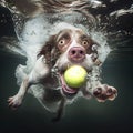 Funny Dog jumps into water to catch ball underwater Royalty Free Stock Photo