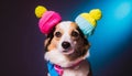 Funny dog with little colorful bobble hats on its ears on blue background