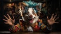 Funny dog man with blue hair in a colorful jacket. Mixed comic circus scene