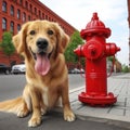 funny dog near Bright red fire hydrant. ai generative Royalty Free Stock Photo