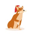 A cute red dog in Christmas hat. Happy dog with bone, isolated on a white background. Vector illustration.