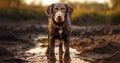 Funny dog playing in mud puddle, a beautiful dog with joy jumping in a muddy puddle, dirty brown fur,happy portrait of a