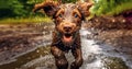 Funny dog playing in mud puddle, a beautiful dog with joy jumping in a muddy puddle, dirty brown fur,happy portrait of a