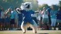 funny dog pug in clothes and sunglasses dancing outdoors at a music festival