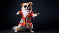 funny dog pug in clothes and sunglasses dancing in the studio on a black background