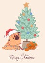 Funny dog pug wearing a Santa Claus hat on christmas card. Vector greeting card in flat style with lettering Merry Royalty Free Stock Photo