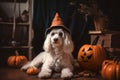 funny dog puppy in a black Halloween witch hat sits with orange pumpkins and a large spider for the holiday. Halloween Pet Royalty Free Stock Photo