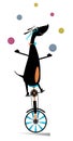 Funny dog rides on unicycle and juggles the balls illustration