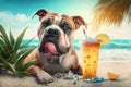 Funny dog on sea beach, pet relaxes with cocktail on vacation, generative AI Royalty Free Stock Photo