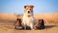 Funny dog sitting with shoes, puppy training banner Royalty Free Stock Photo