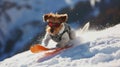 Funny dog snowboarder going down ski slope in winter, pet in sunglasses rides snowboard with splash of snow powder. Concept of