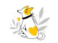 A funny dog with a spot in the form of a heart sits and smiles among flowers and leaves. Cute card with a puppy